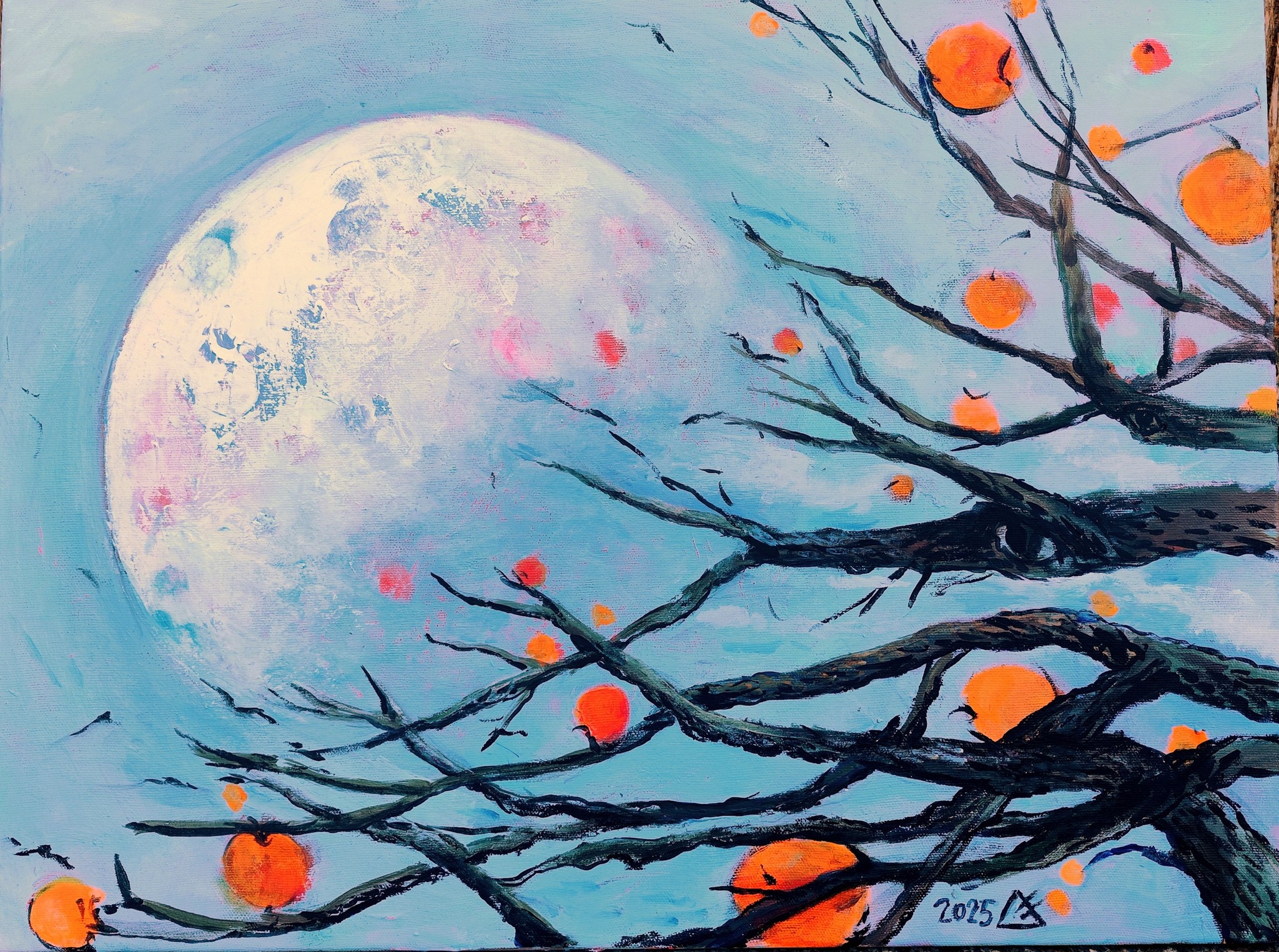 la luna e il frutto di cachi (Acrilico su tela) 45 x 60 cm; 2025; 350€