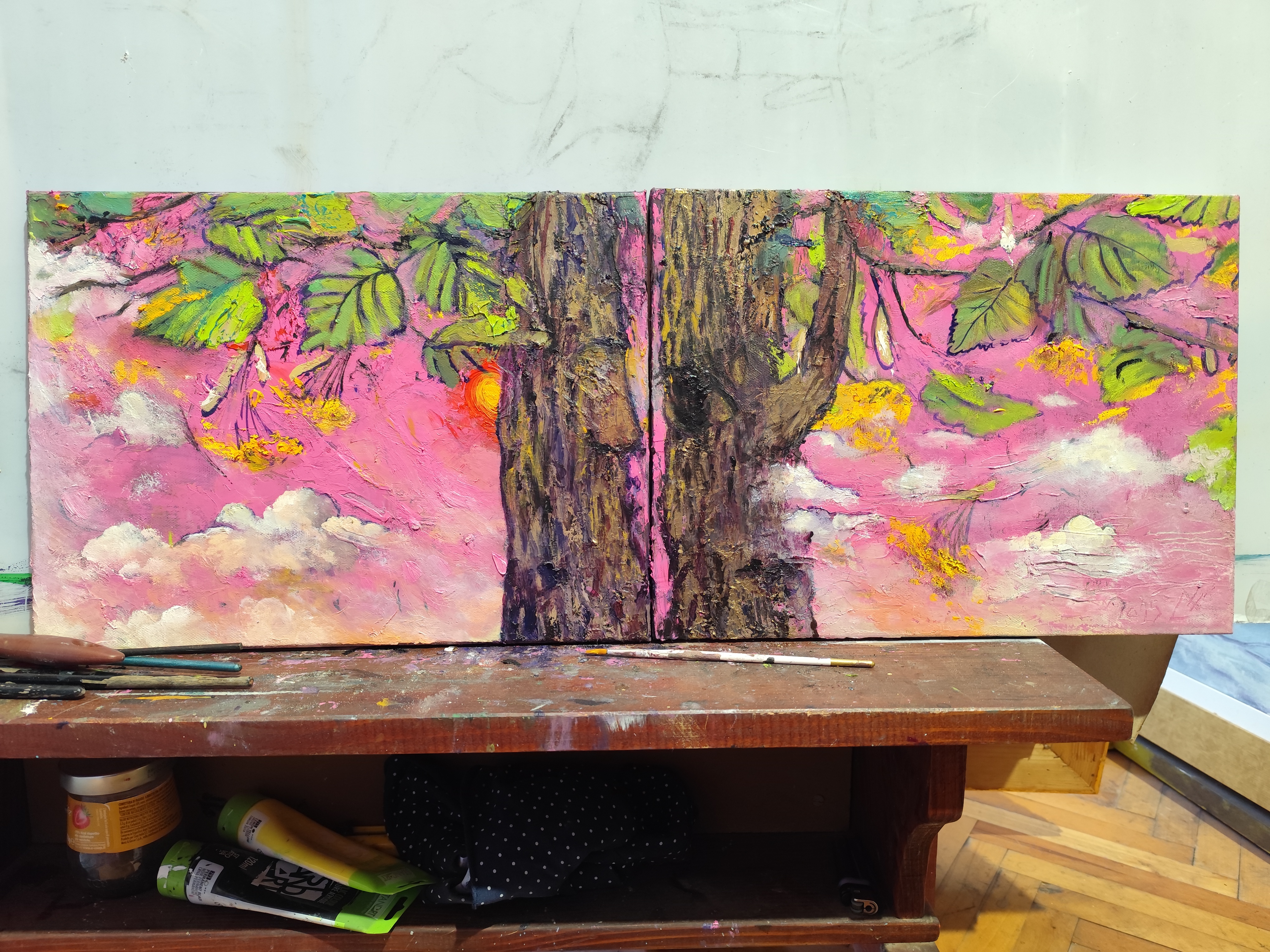 Una coppia di Tigli  (Olio su Acrilico sulla tela) Dittico ; 2025; 600€